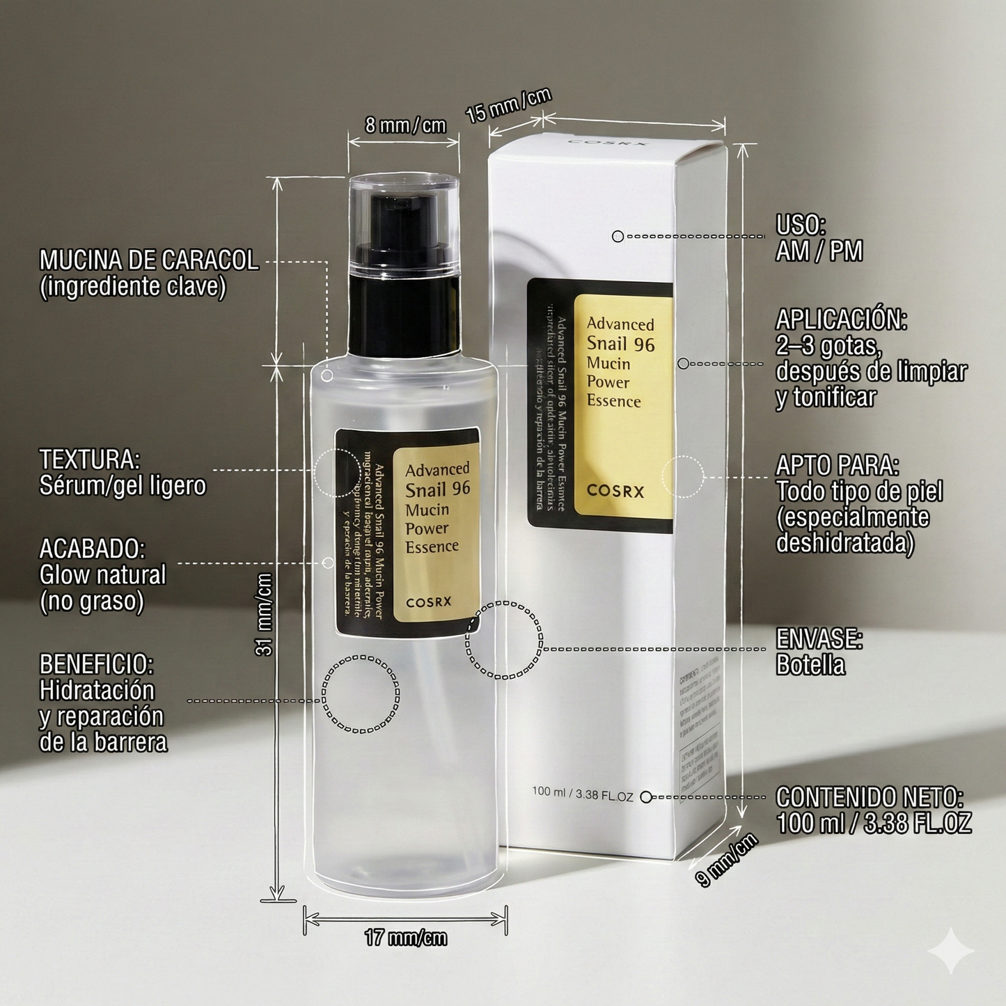 Esencia Advanced Snail 96: Regenera, hidrata y rejuvenece tu piel.